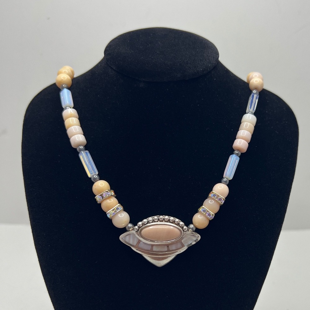 Artisan Beaded Necklace Coral Stone Opalite Geometric Inlay Pendant Sterling